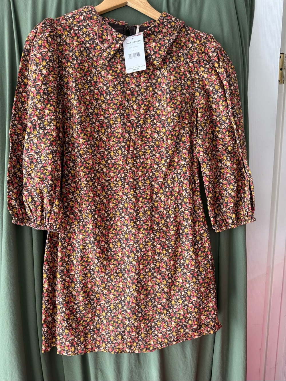 Free People Women’s Floral Puff-Sleeve Dress in brown/orange/yellow SZ12 nwt